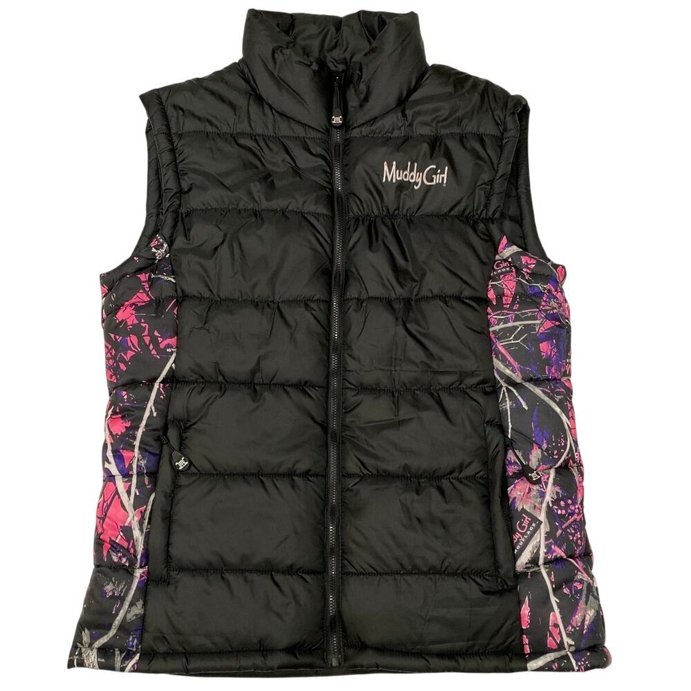 Muddy Girl Moonshine Camo Puffer Vest Womens M Black Pink Purple Full Zip Soft